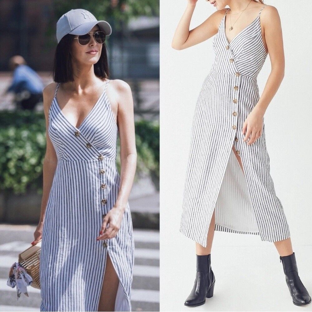 Urban Outfitters - S - button vneck midi maxi dress striped bodycon linen dress